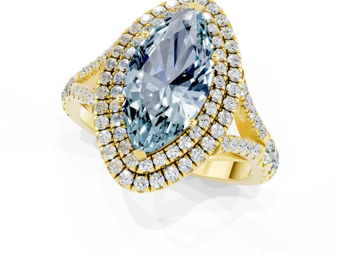 Yellow gold Double Halo Marquise Cut Aquamarine Pavé Split Shank Ring with Prong Setting_1