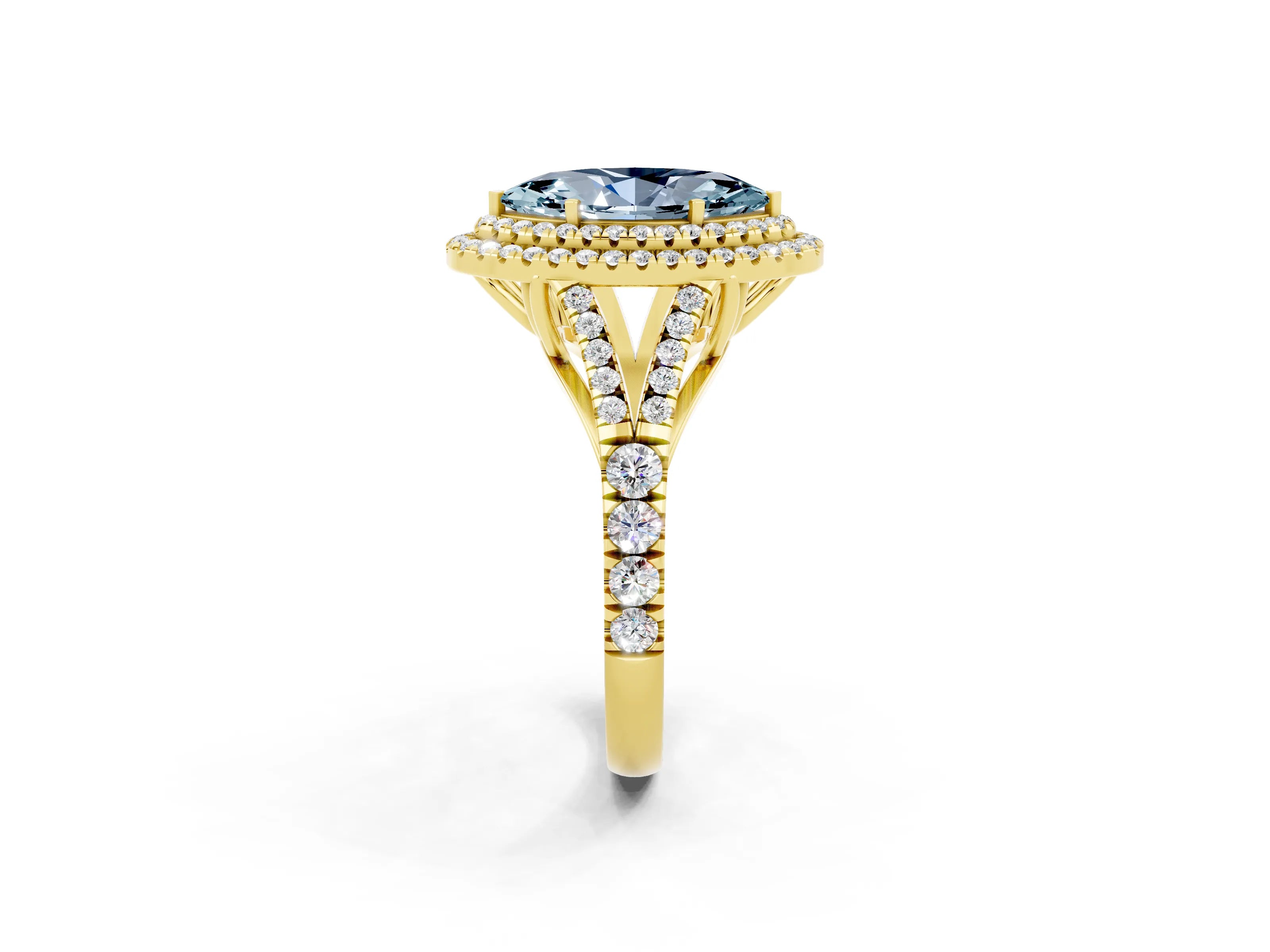 Yellow gold Double Halo Marquise Cut Aquamarine Pavé Split Shank Ring with Prong Setting_2