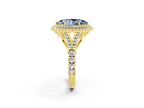 Yellow gold Double Halo Marquise Cut Aquamarine Pavé Split Shank Ring with Prong Setting