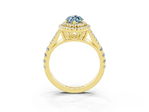 Yellow gold Double Halo Marquise Cut Aquamarine Pavé Split Shank Ring with Prong Setting