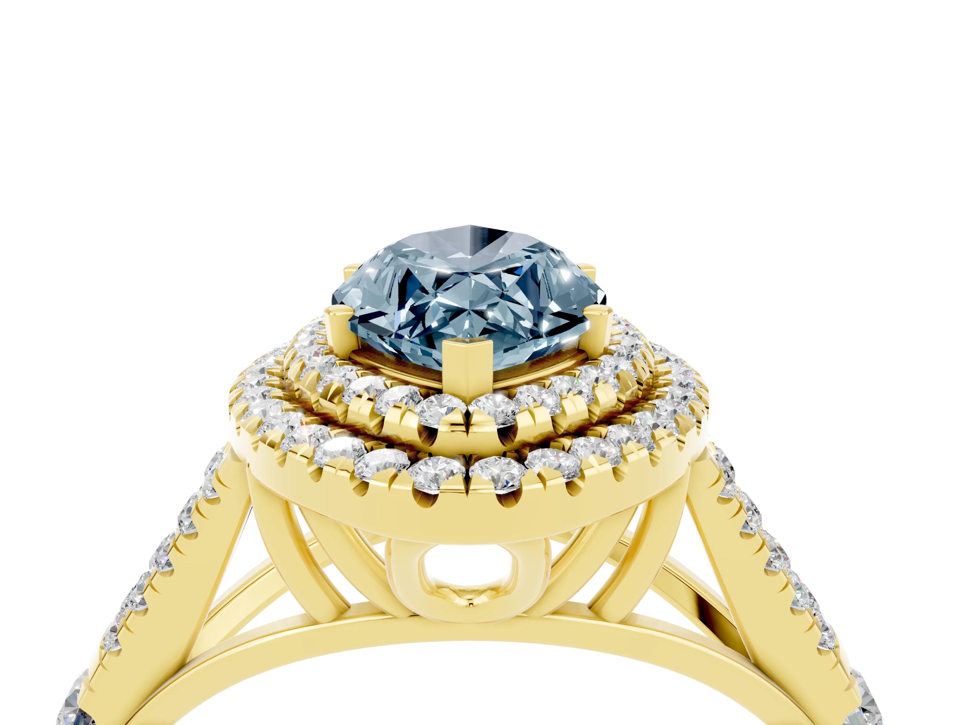 Yellow gold Double Halo Marquise Cut Aquamarine Pavé Split Shank Ring with Prong Setting_4