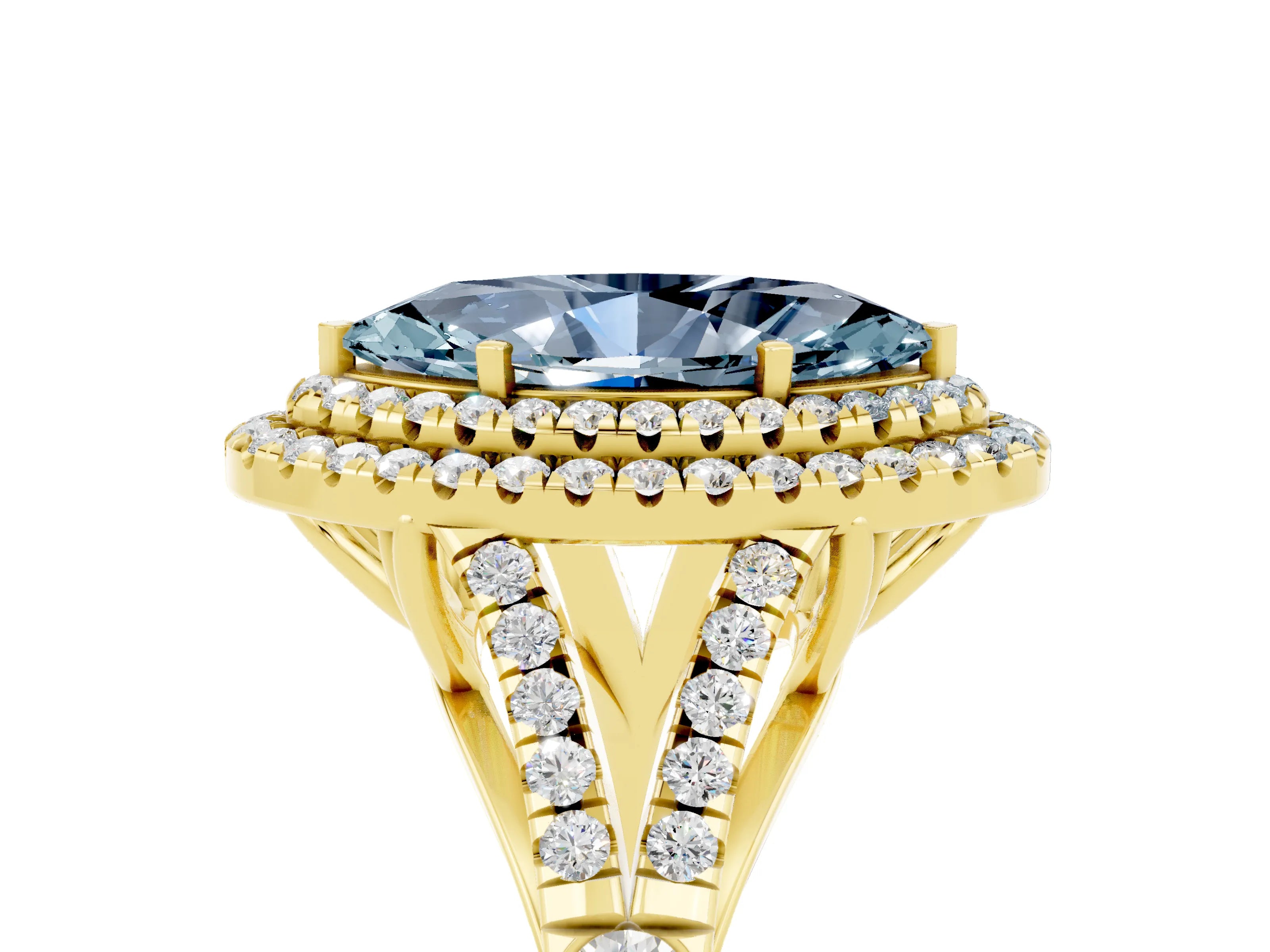 Yellow gold Double Halo Marquise Cut Aquamarine Pavé Split Shank Ring with Prong Setting_5