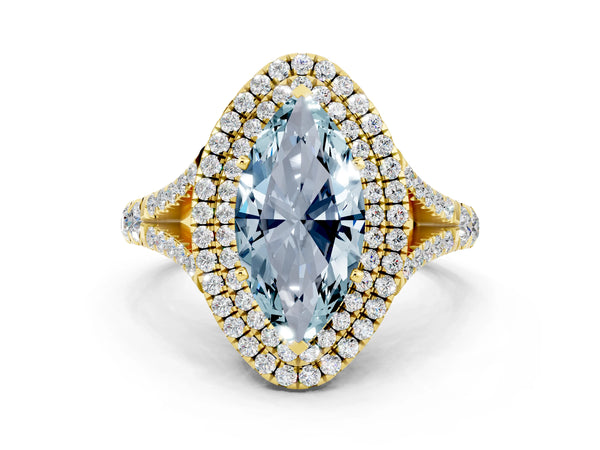 Yellow gold Double Halo Marquise Cut Aquamarine Split Shank Engagement Ring with Four-Prong Setting