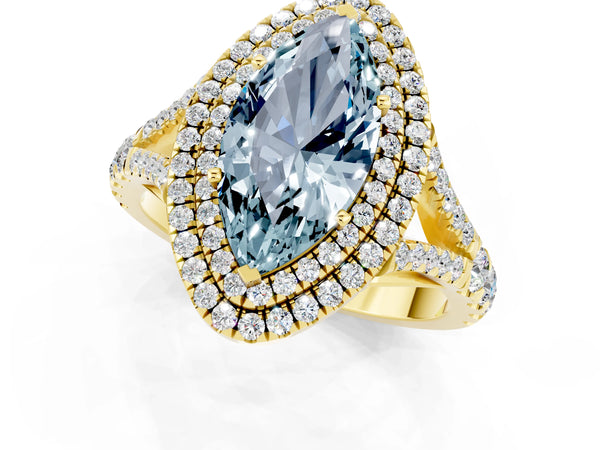 Yellow gold Double Halo Marquise Cut Aquamarine Split Shank Engagement Ring with Four-Prong Setting