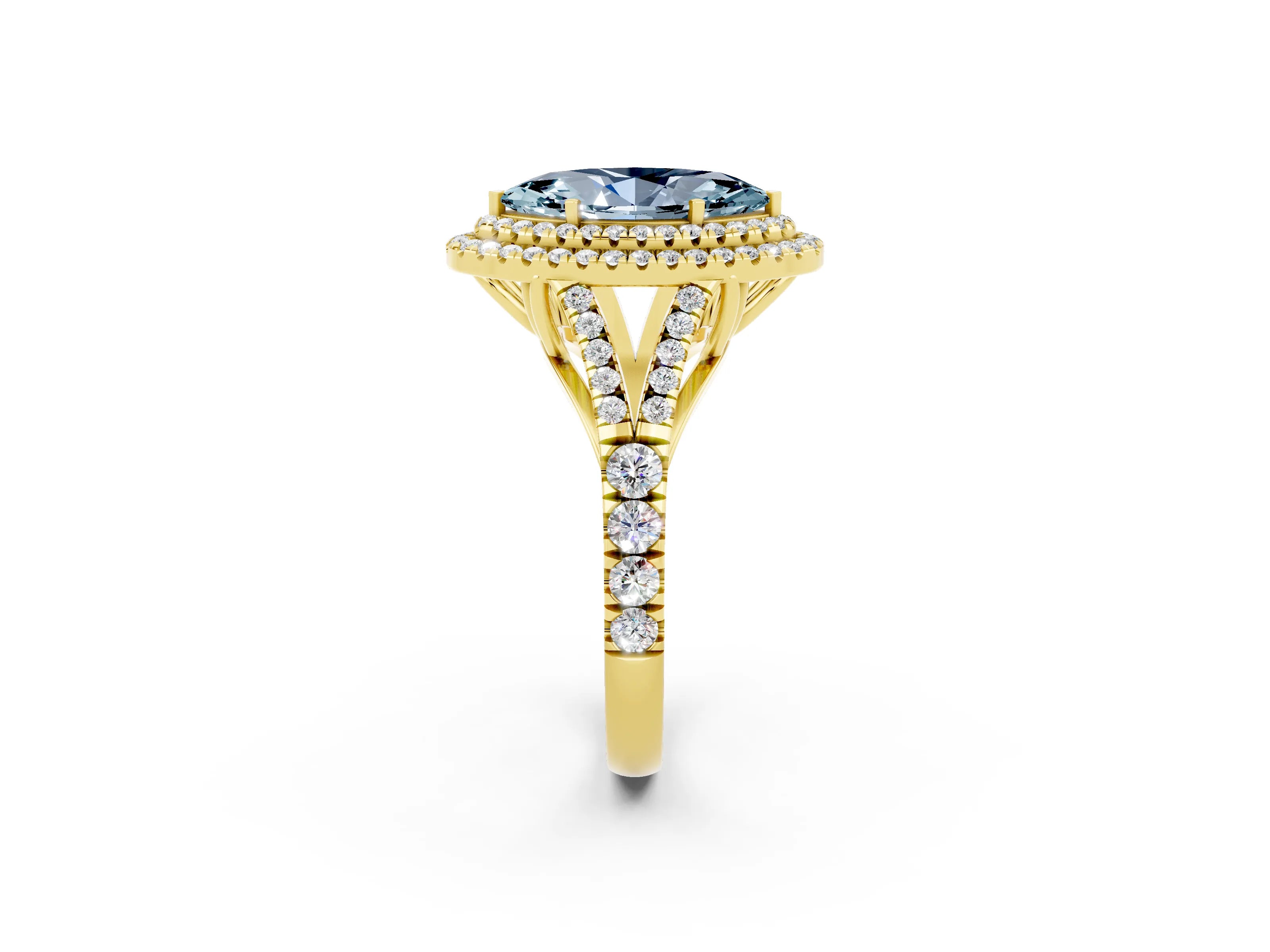Yellow gold Double Halo Marquise Cut Aquamarine Split Shank Engagement Ring with Four-Prong Setting_2