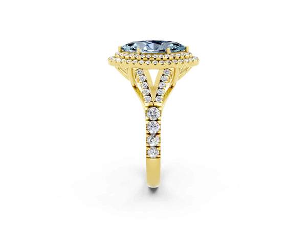 Yellow gold Double Halo Marquise Cut Aquamarine Split Shank Engagement Ring with Four-Prong Setting