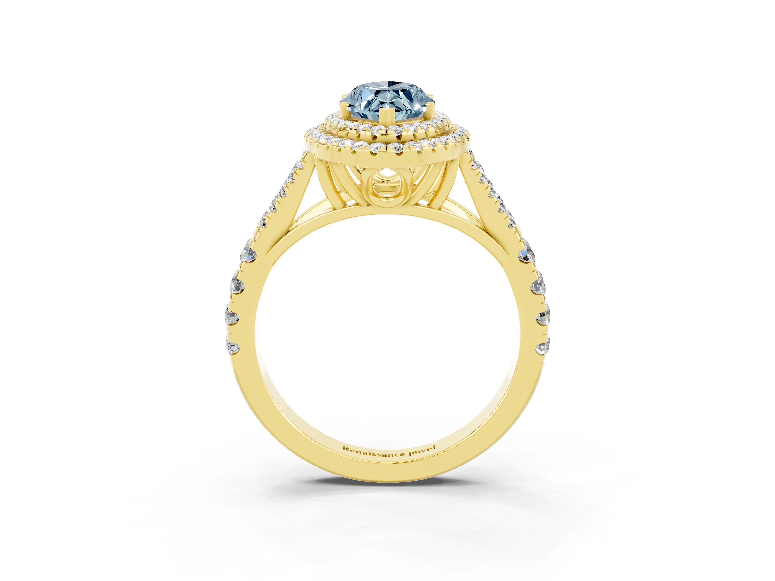 Yellow gold Double Halo Marquise Cut Aquamarine Split Shank Engagement Ring with Four-Prong Setting_3