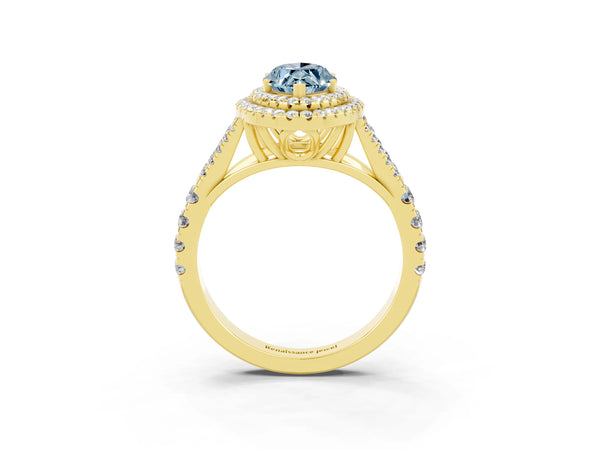 Yellow gold Double Halo Marquise Cut Aquamarine Split Shank Engagement Ring with Four-Prong Setting