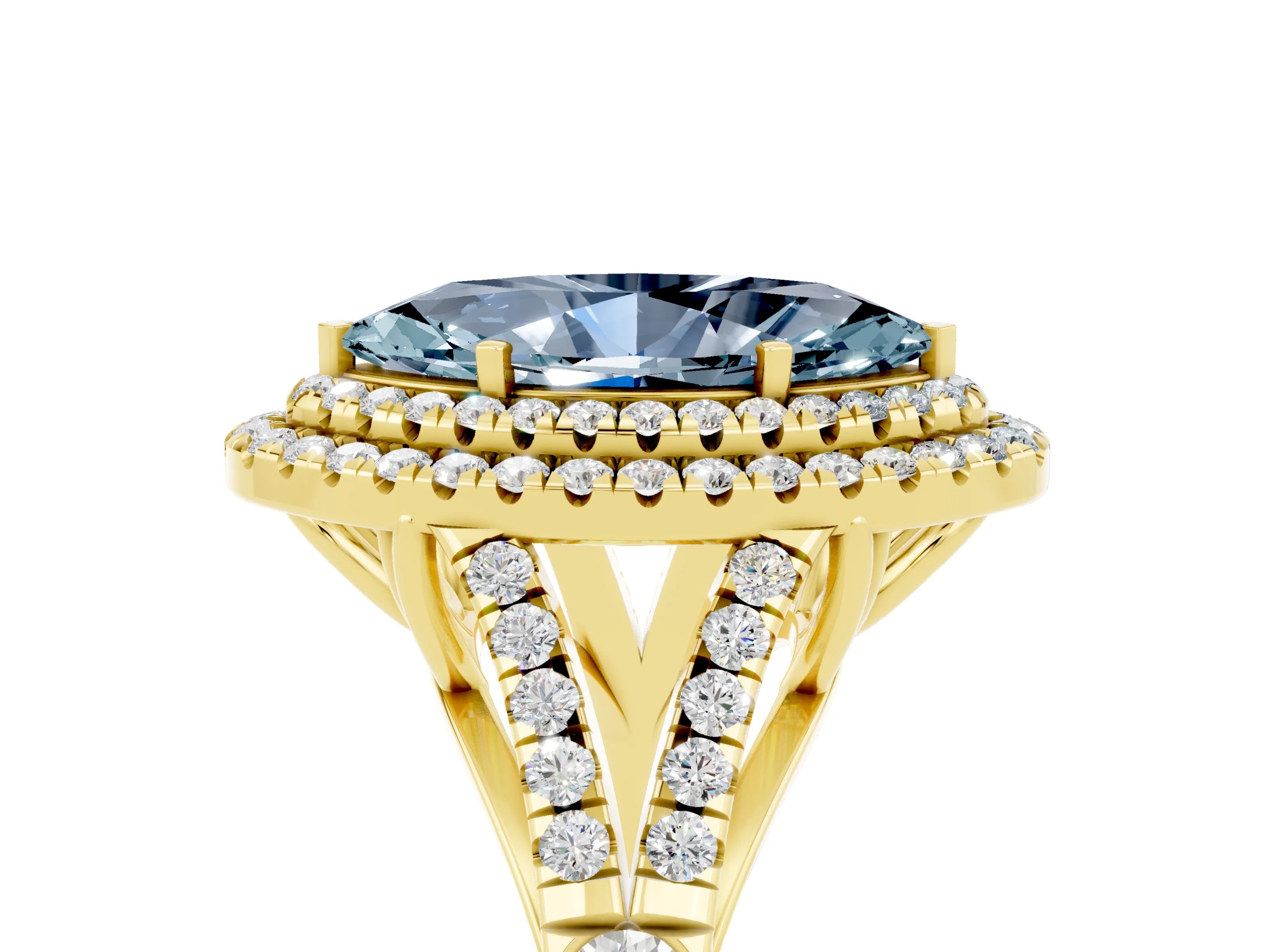 Yellow gold Double Halo Marquise Cut Aquamarine Split Shank Engagement Ring with Four-Prong Setting_5