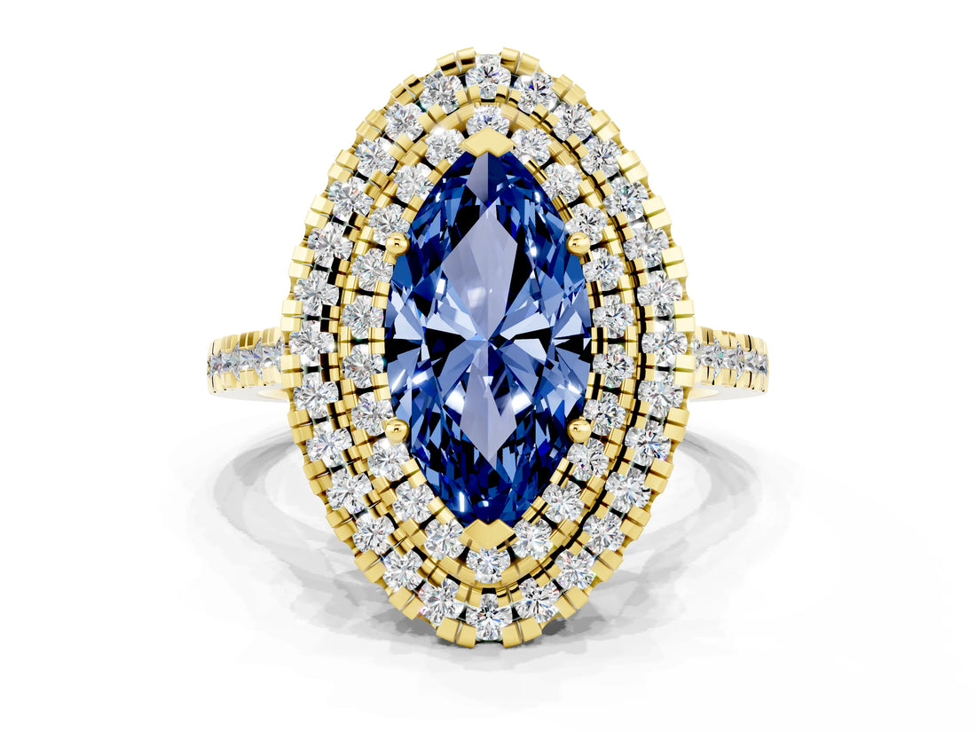 Yellow gold Double Halo Marquise Cut Blue Sapphire Pavé Band with Four-Prong Setting