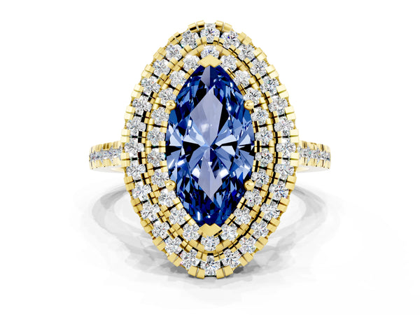 Yellow gold Double Halo Marquise Cut Blue Sapphire Pavé Band with Four-Prong Setting