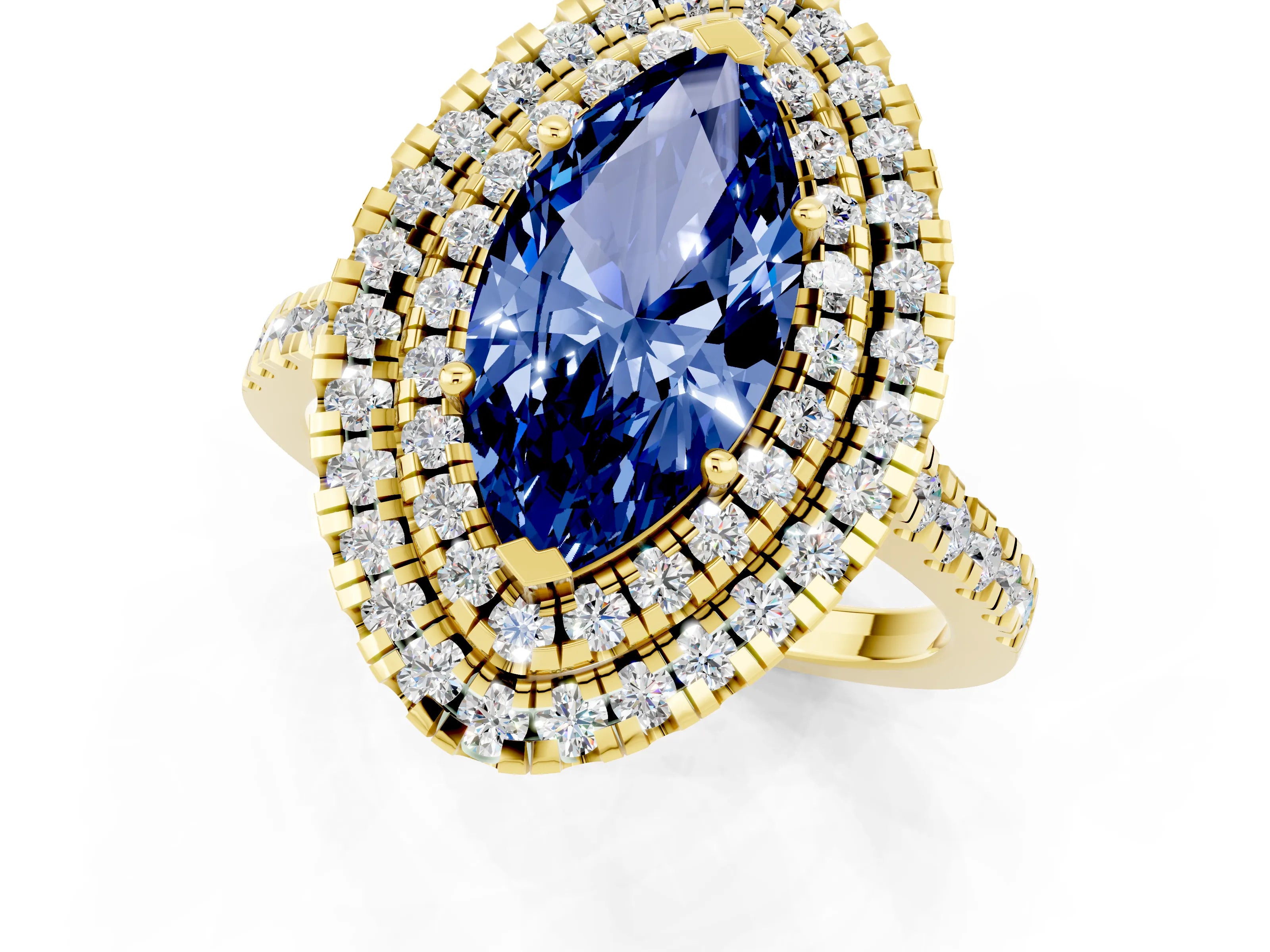 Yellow gold Double Halo Marquise Cut Blue Sapphire Pavé Band with Four-Prong Setting_1