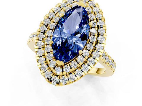 Yellow gold Double Halo Marquise Cut Blue Sapphire Pavé Band with Four-Prong Setting_1