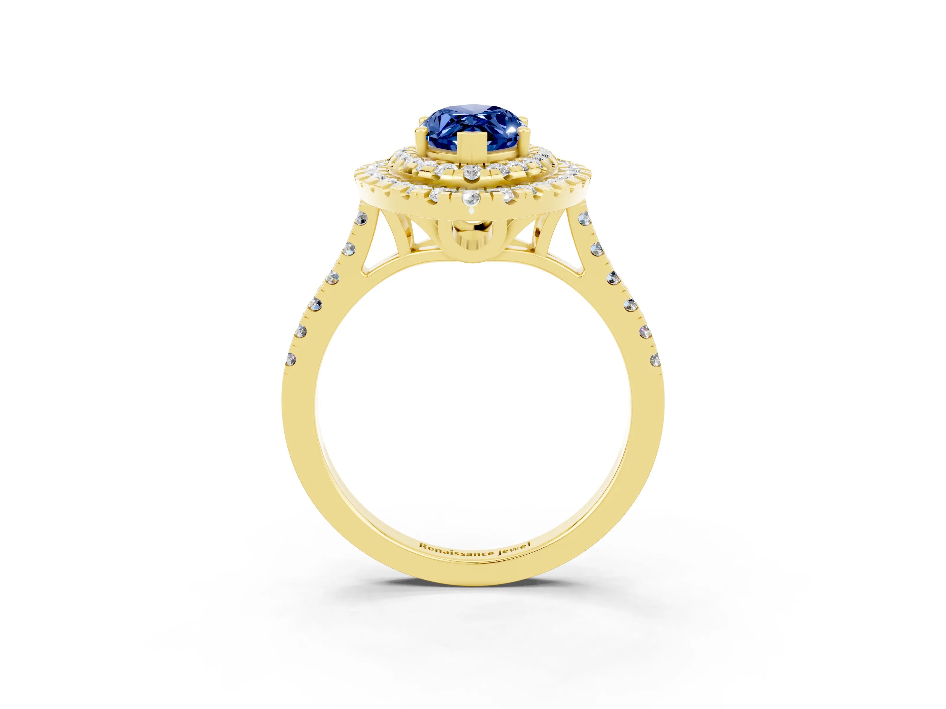 Yellow gold Double Halo Marquise Cut Blue Sapphire Pavé Band with Four-Prong Setting_3
