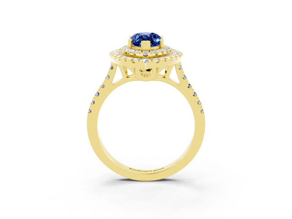 Yellow gold Double Halo Marquise Cut Blue Sapphire Pavé Band with Four-Prong Setting