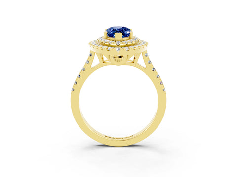 Yellow gold Double Halo Marquise Cut Blue Sapphire Pavé Band with Four-Prong Setting_3