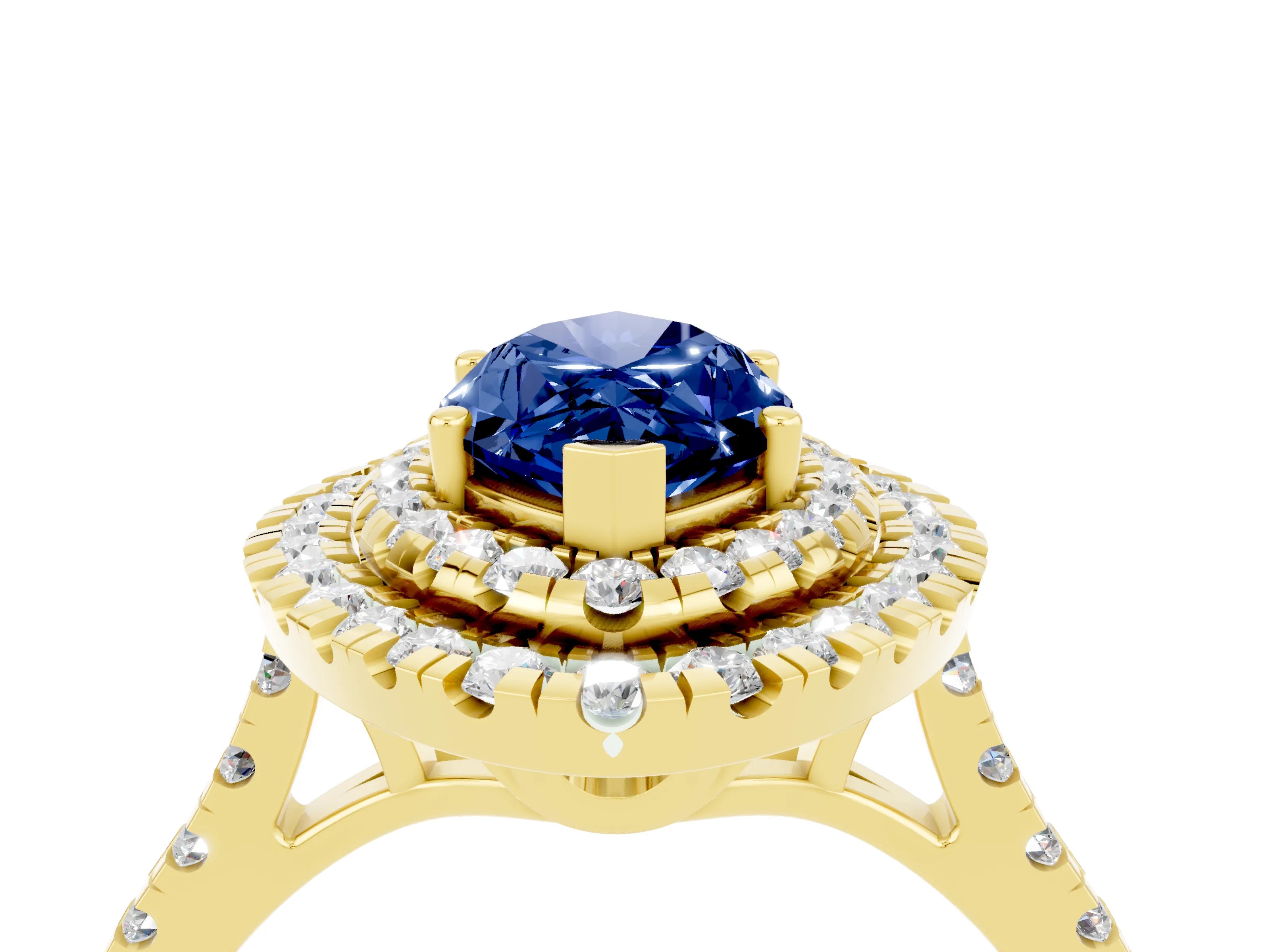 Yellow gold Double Halo Marquise Cut Blue Sapphire Pavé Band with Four-Prong Setting_4