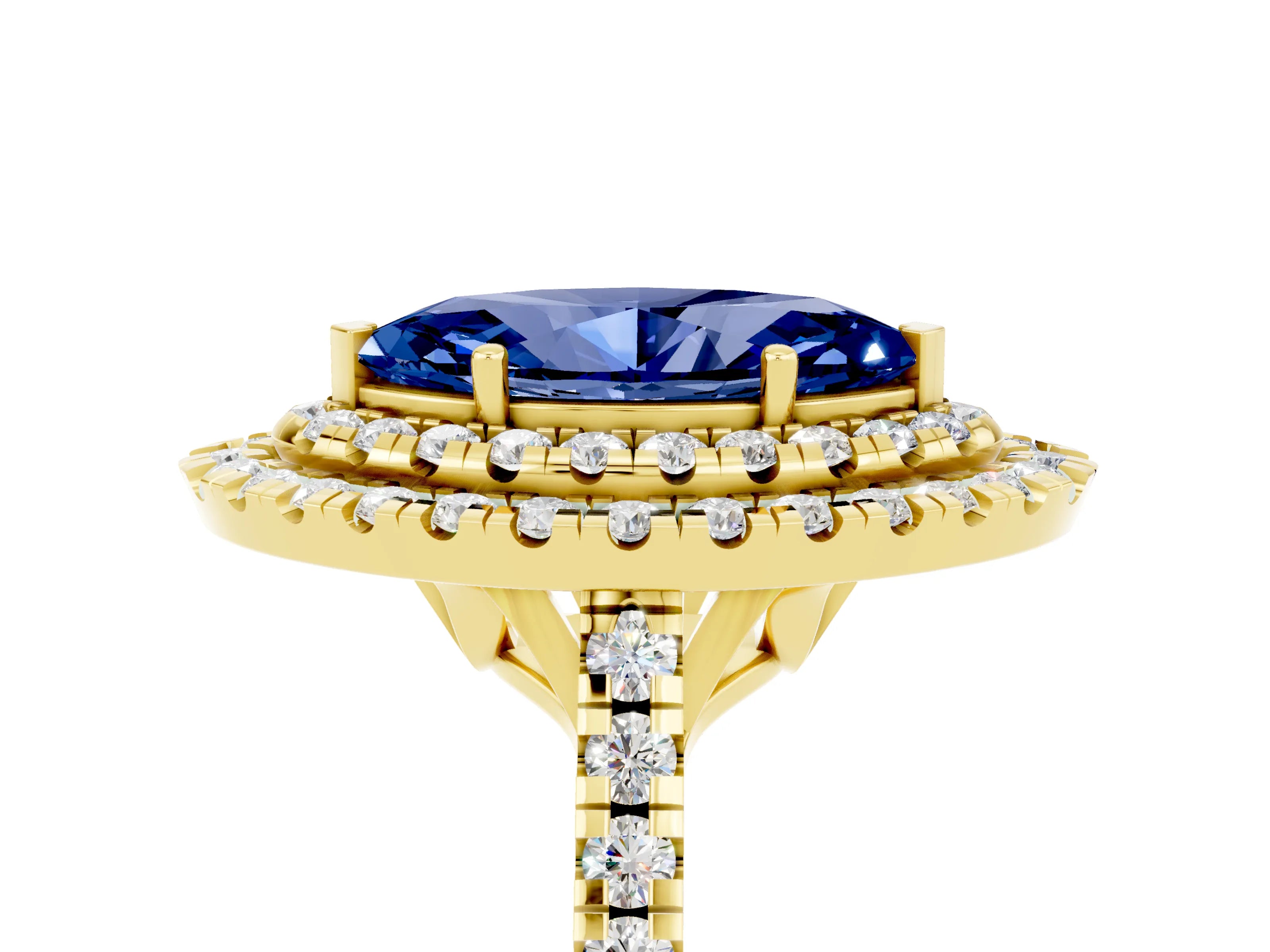 Yellow gold Double Halo Marquise Cut Blue Sapphire Pavé Band with Four-Prong Setting_5