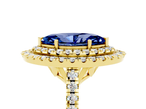 Yellow gold Double Halo Marquise Cut Blue Sapphire Pavé Band with Four-Prong Setting_5