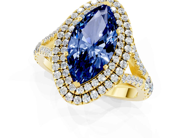 Yellow gold Double Halo Marquise Cut Blue Sapphire Pavé Split Shank Ring with Prong Setting