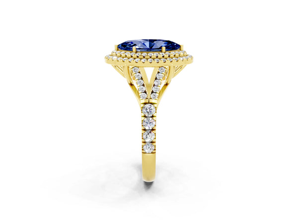 Yellow gold Double Halo Marquise Cut Blue Sapphire Pavé Split Shank Ring with Prong Setting