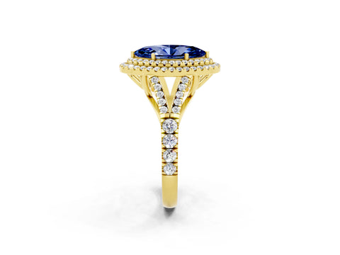 Yellow gold Double Halo Marquise Cut Blue Sapphire Pavé Split Shank Ring with Prong Setting_2