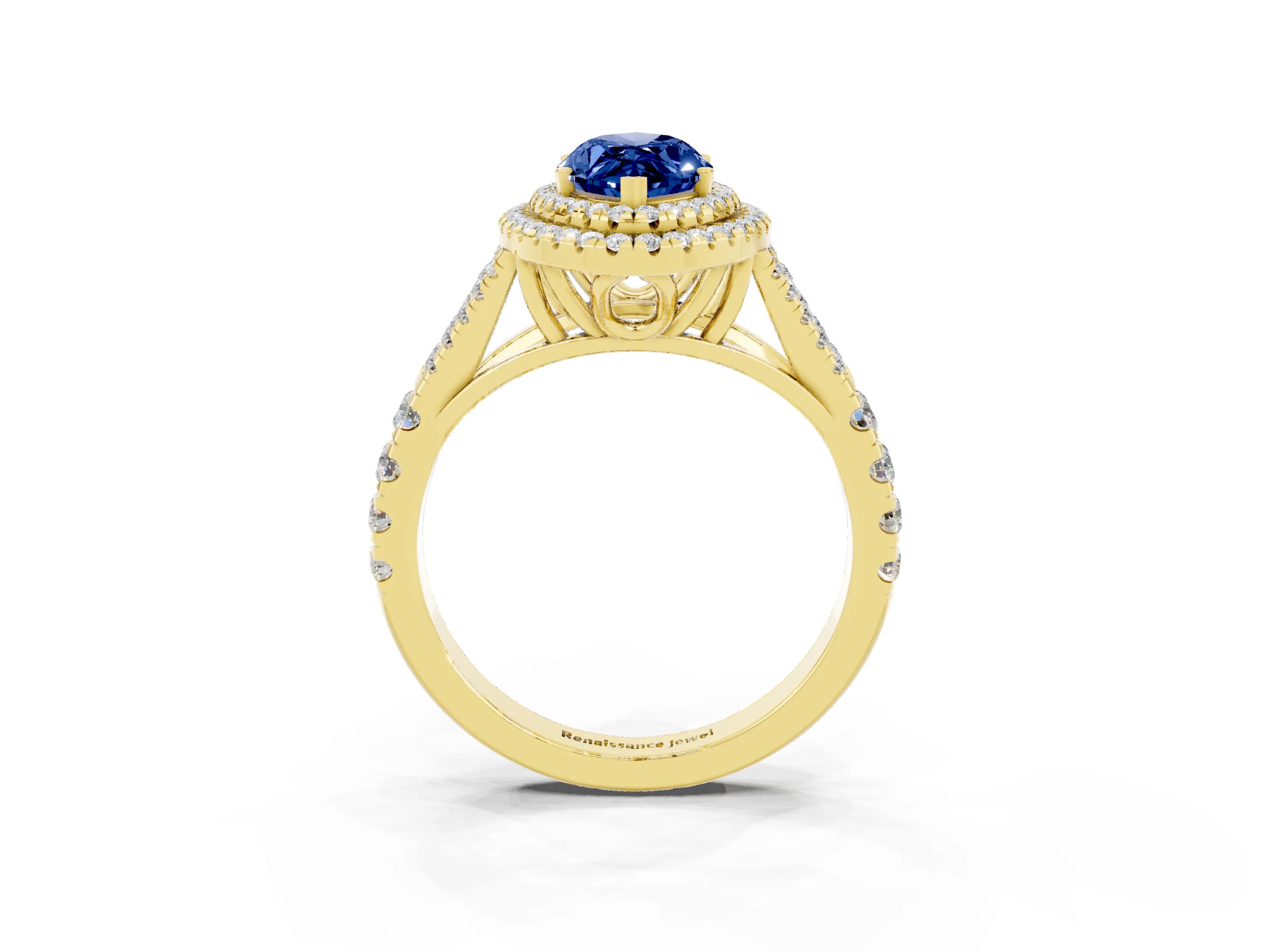 Yellow gold Double Halo Marquise Cut Blue Sapphire Pavé Split Shank Ring with Prong Setting_3