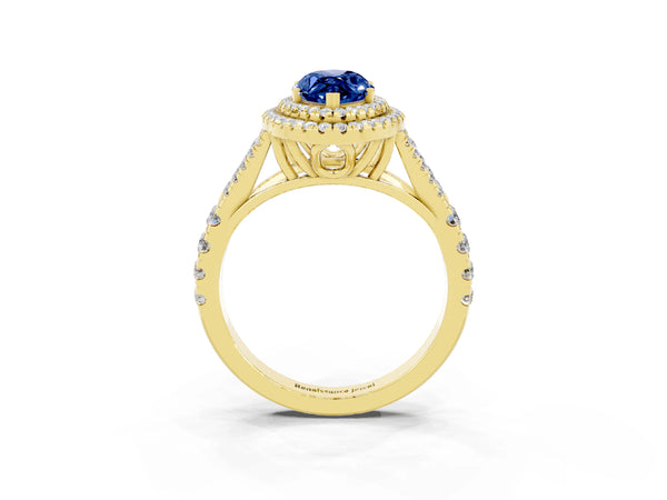 Yellow gold Double Halo Marquise Cut Blue Sapphire Pavé Split Shank Ring with Prong Setting