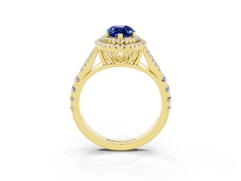 Yellow gold Double Halo Marquise Cut Blue Sapphire Pavé Split Shank Ring with Prong Setting_3