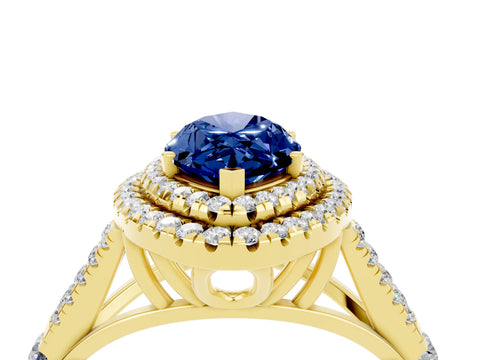 Yellow gold Double Halo Marquise Cut Blue Sapphire Pavé Split Shank Ring with Prong Setting_4