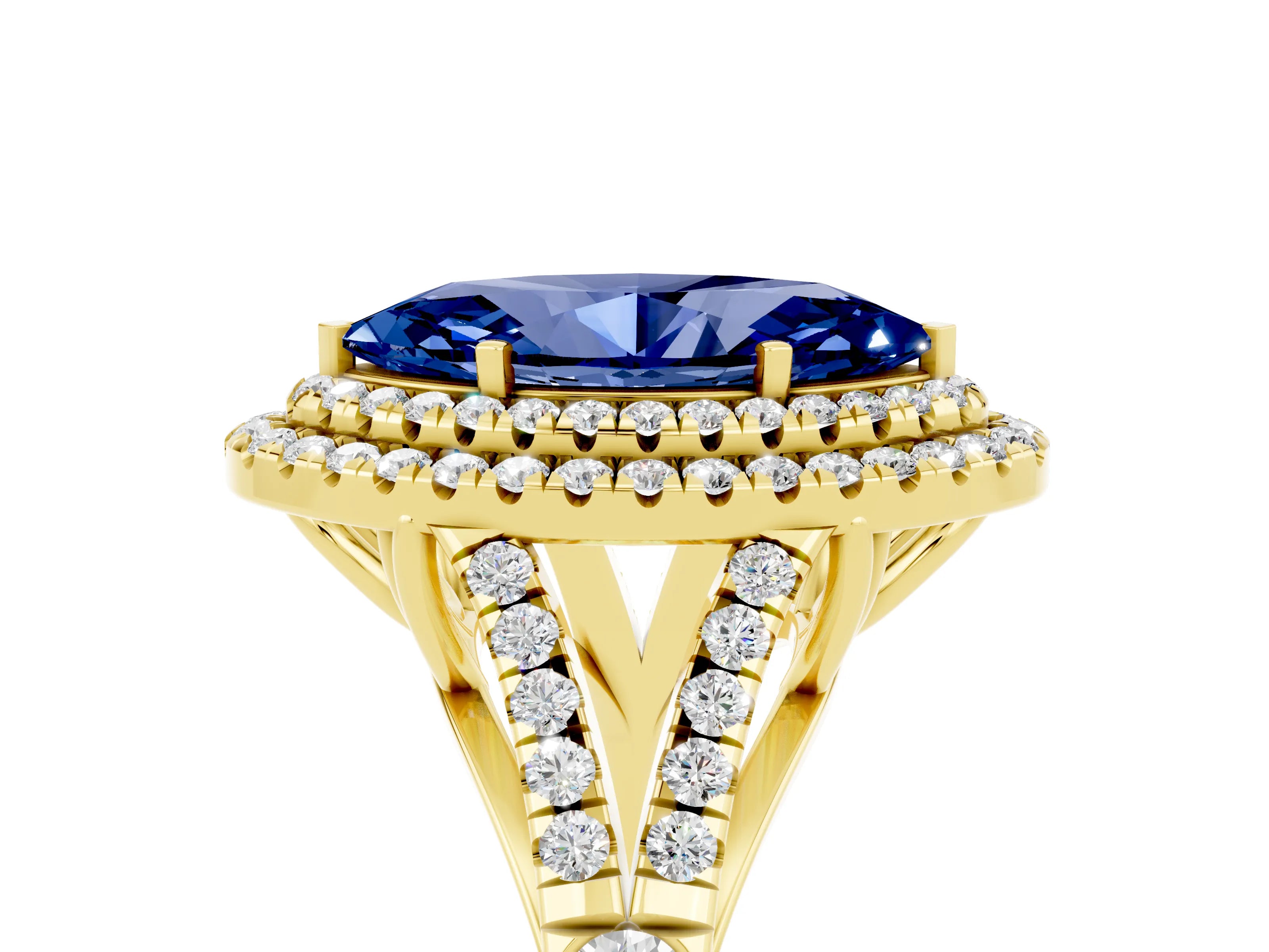 Yellow gold Double Halo Marquise Cut Blue Sapphire Pavé Split Shank Ring with Prong Setting_5