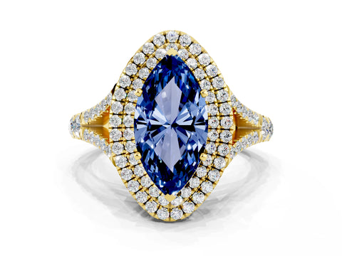 Yellow gold Double Halo Marquise Cut Blue Sapphire Pavé Split Shank Ring with Prong Setting