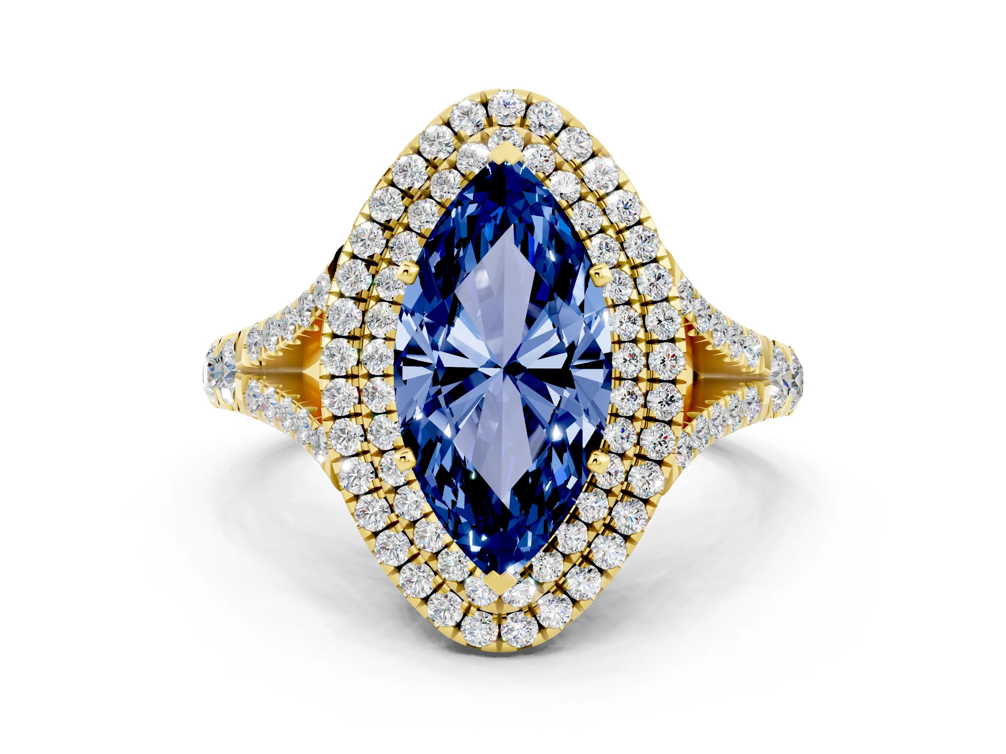 Yellow gold Double Halo Marquise Cut Blue Sapphire Split Shank Engagement Ring with Four-Prong Setting