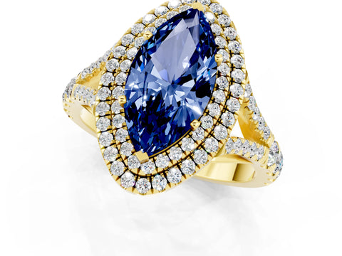 Yellow gold Double Halo Marquise Cut Blue Sapphire Split Shank Engagement Ring with Four-Prong Setting_1