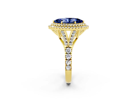 Yellow gold Double Halo Marquise Cut Blue Sapphire Split Shank Engagement Ring with Four-Prong Setting_2