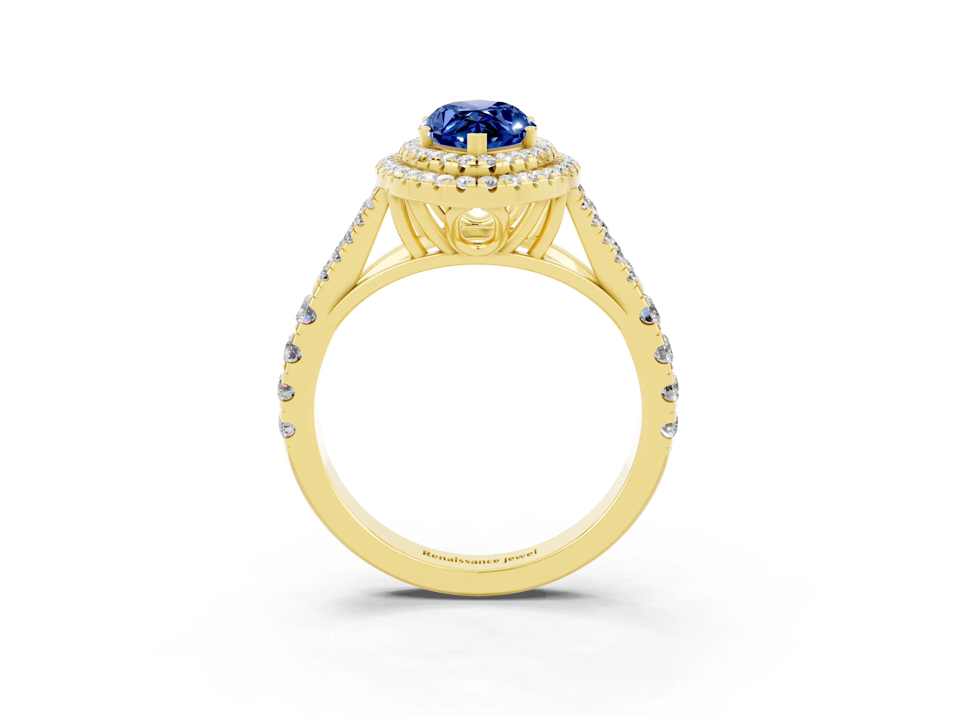 Yellow gold Double Halo Marquise Cut Blue Sapphire Split Shank Engagement Ring with Four-Prong Setting_3