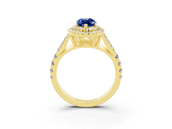 Yellow gold Double Halo Marquise Cut Blue Sapphire Split Shank Engagement Ring with Four-Prong Setting