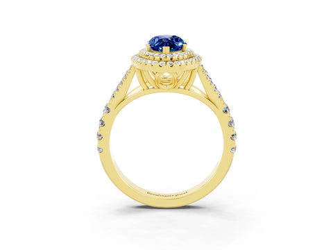 Yellow gold Double Halo Marquise Cut Blue Sapphire Split Shank Engagement Ring with Four-Prong Setting_3