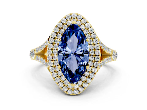 Yellow gold Double Halo Marquise Cut Blue Sapphire Split Shank Engagement Ring with Four-Prong Setting