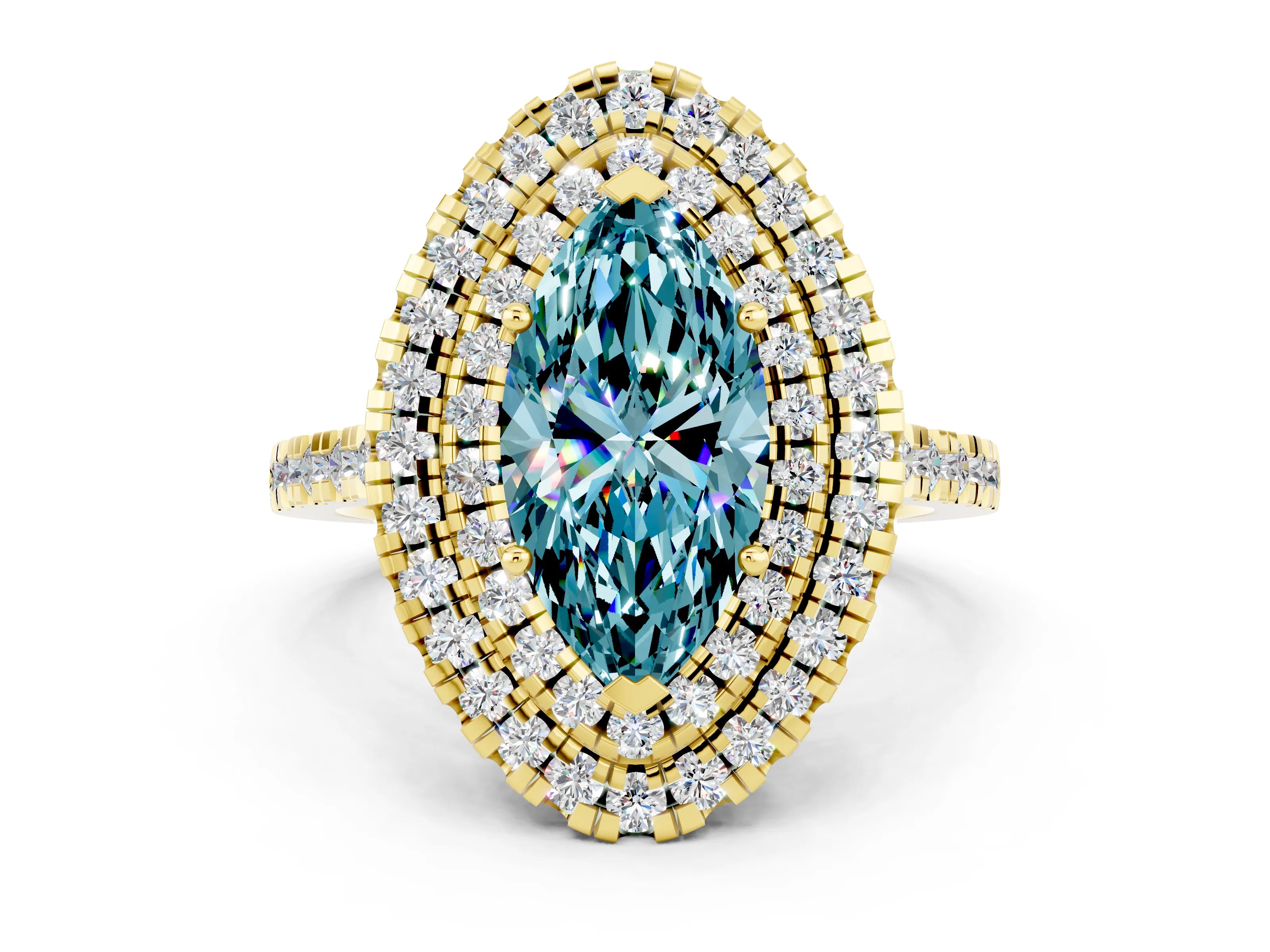 Yellow gold Double Halo Marquise Cut Blue Topaz Pavé Band with Four-Prong Setting