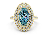 Yellow gold Double Halo Marquise Cut Blue Topaz Pavé Band with Four-Prong Setting