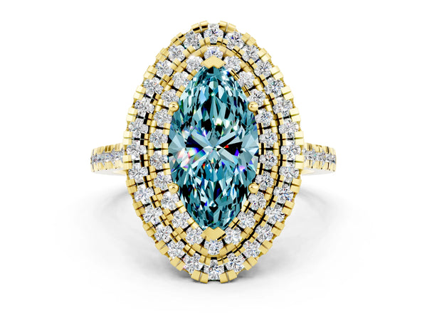 Yellow gold Double Halo Marquise Cut Blue Topaz Pavé Band with Four-Prong Setting