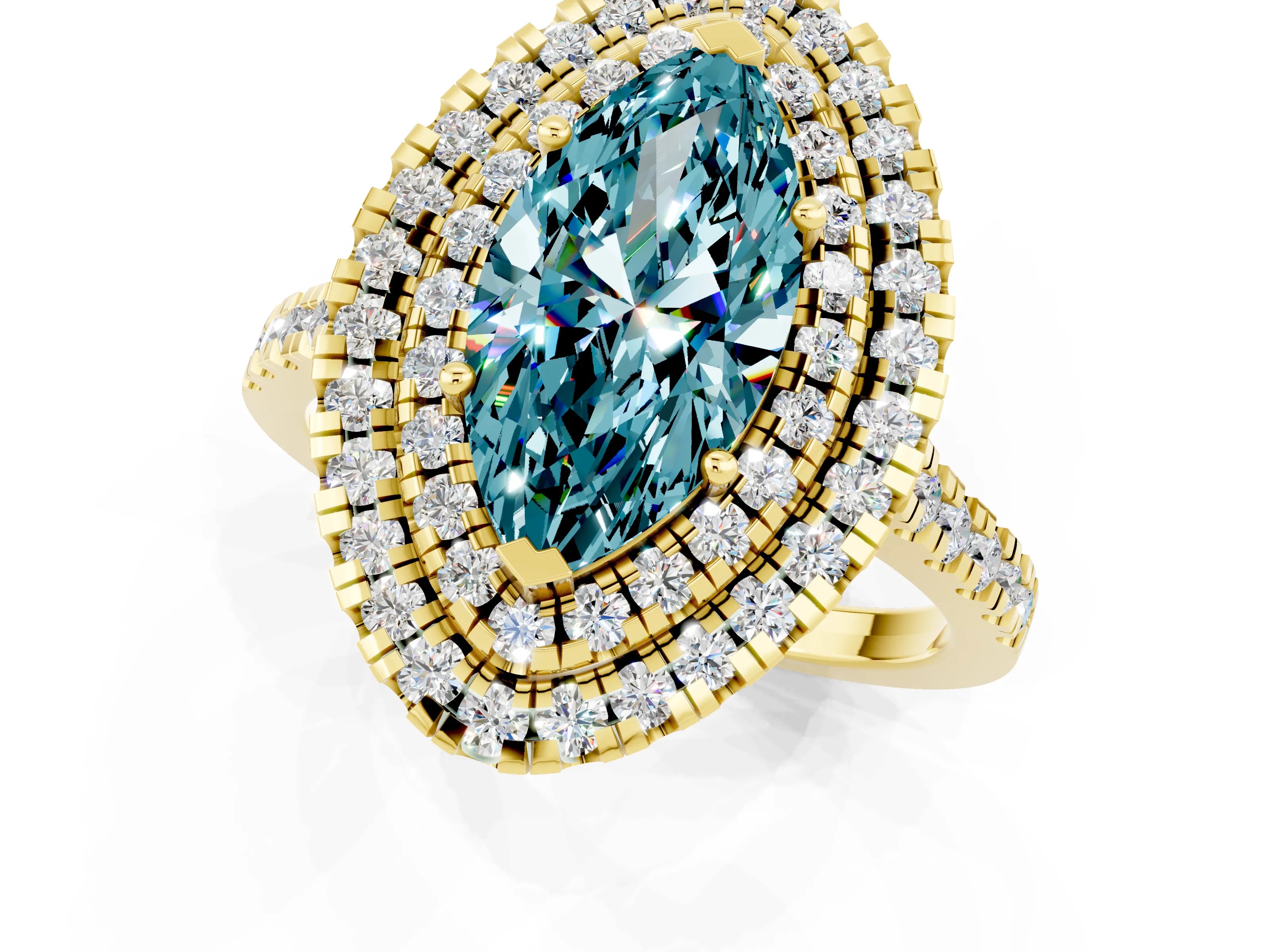 Yellow gold Double Halo Marquise Cut Blue Topaz Pavé Band with Four-Prong Setting_1