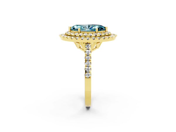 Yellow gold Double Halo Marquise Cut Blue Topaz Pavé Band with Four-Prong Setting