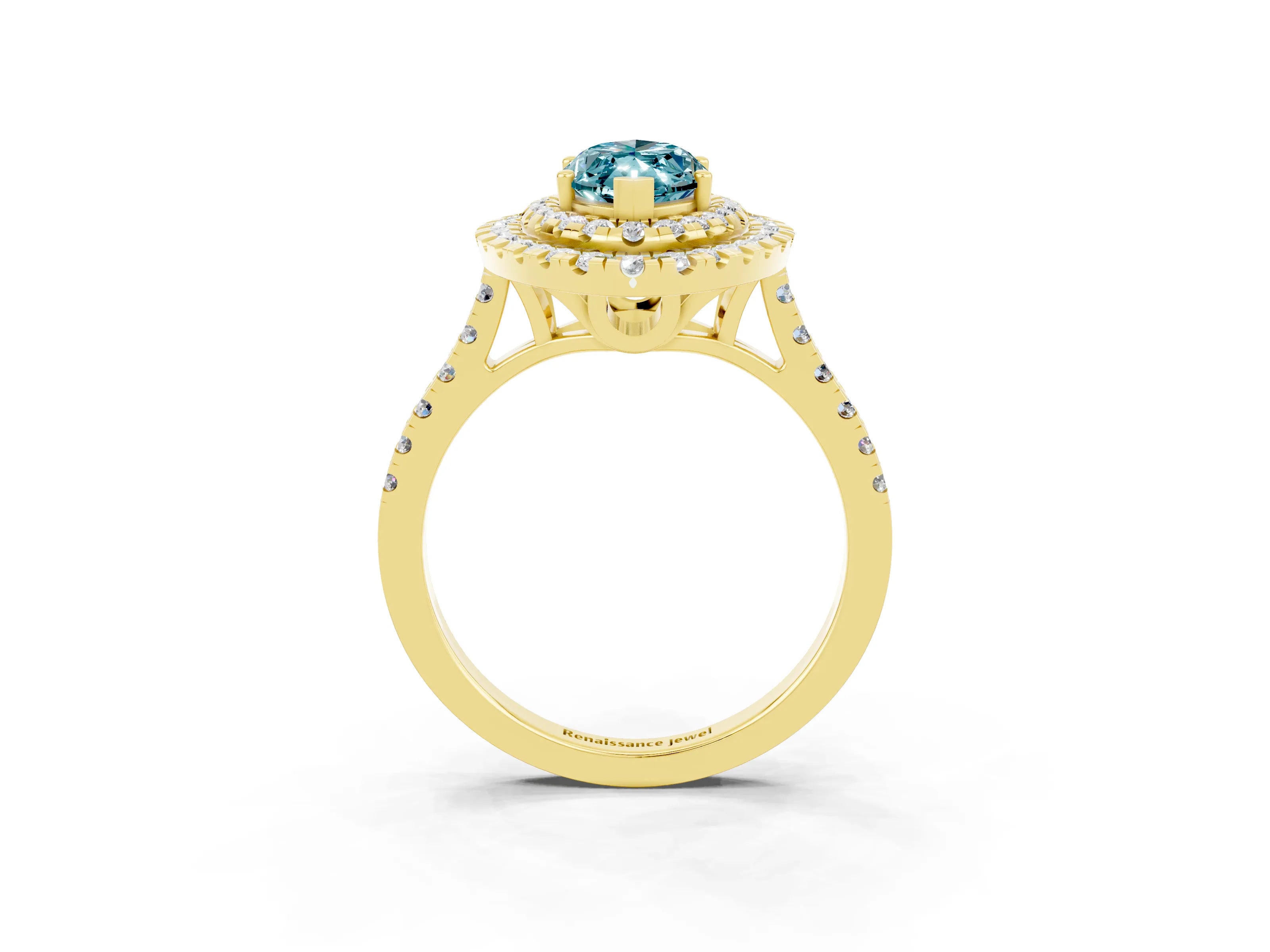 Yellow gold Double Halo Marquise Cut Blue Topaz Pavé Band with Four-Prong Setting_3