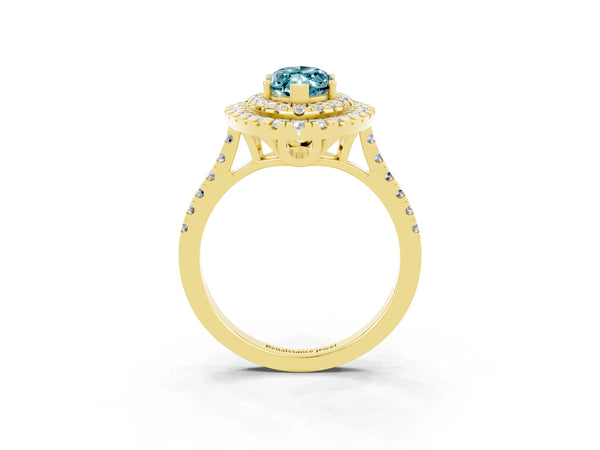 Yellow gold Double Halo Marquise Cut Blue Topaz Pavé Band with Four-Prong Setting