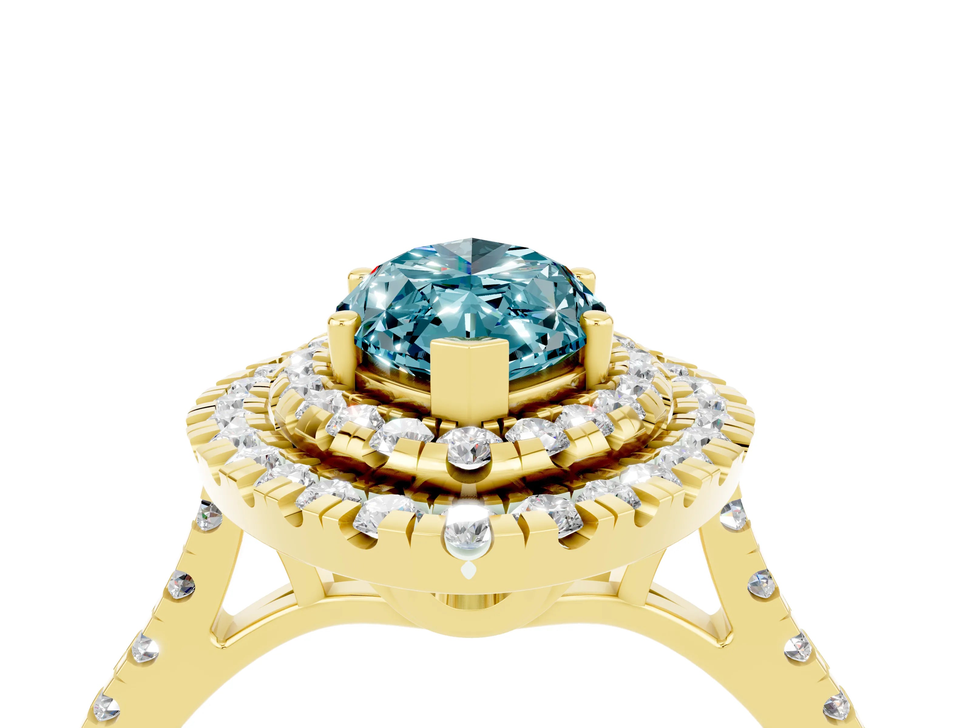 Yellow gold Double Halo Marquise Cut Blue Topaz Pavé Band with Four-Prong Setting_4