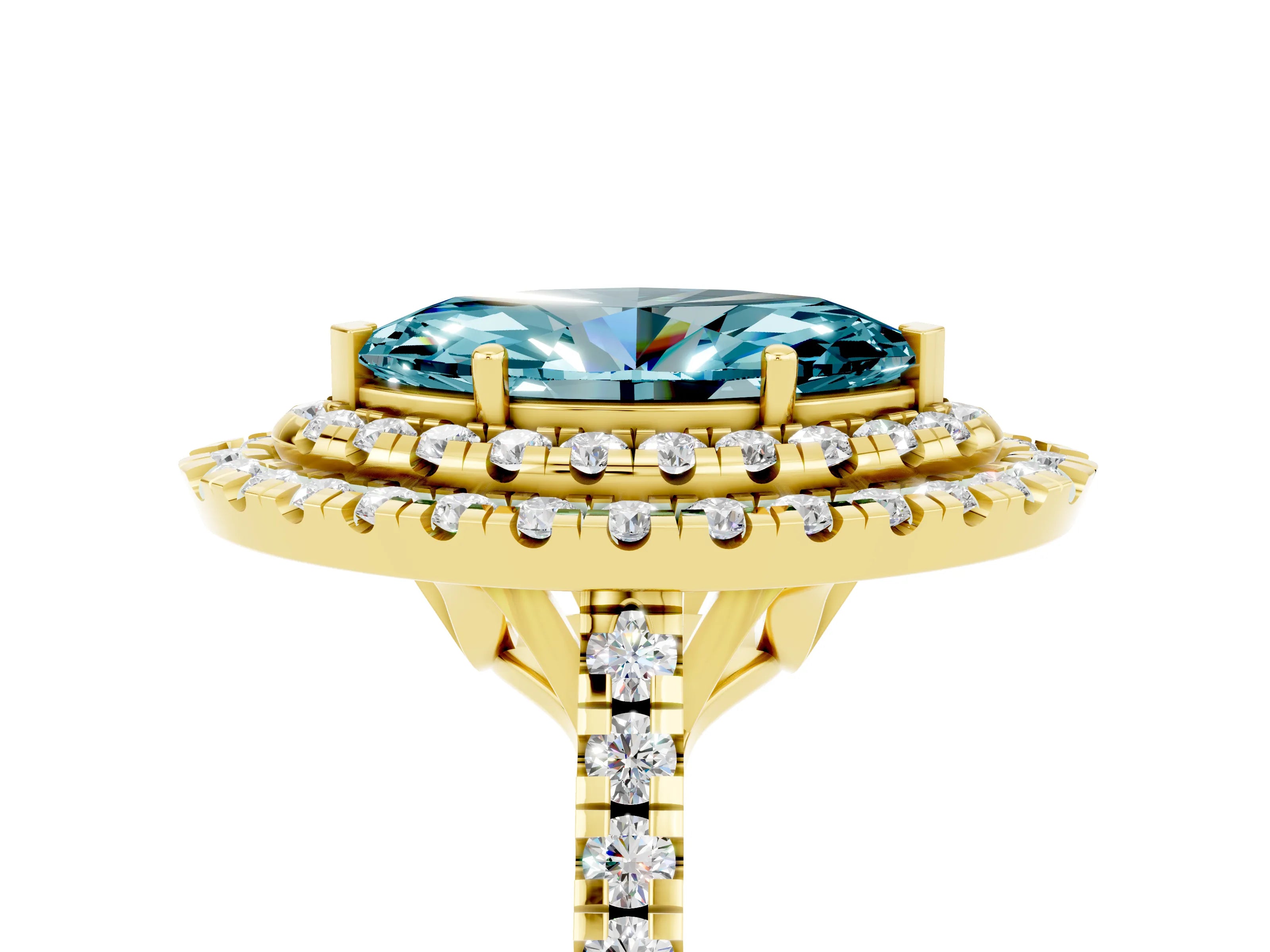 Yellow gold Double Halo Marquise Cut Blue Topaz Pavé Band with Four-Prong Setting_5