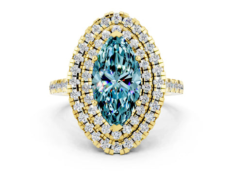 Yellow gold Double Halo Marquise Cut Blue Topaz Pavé Band with Four-Prong Setting