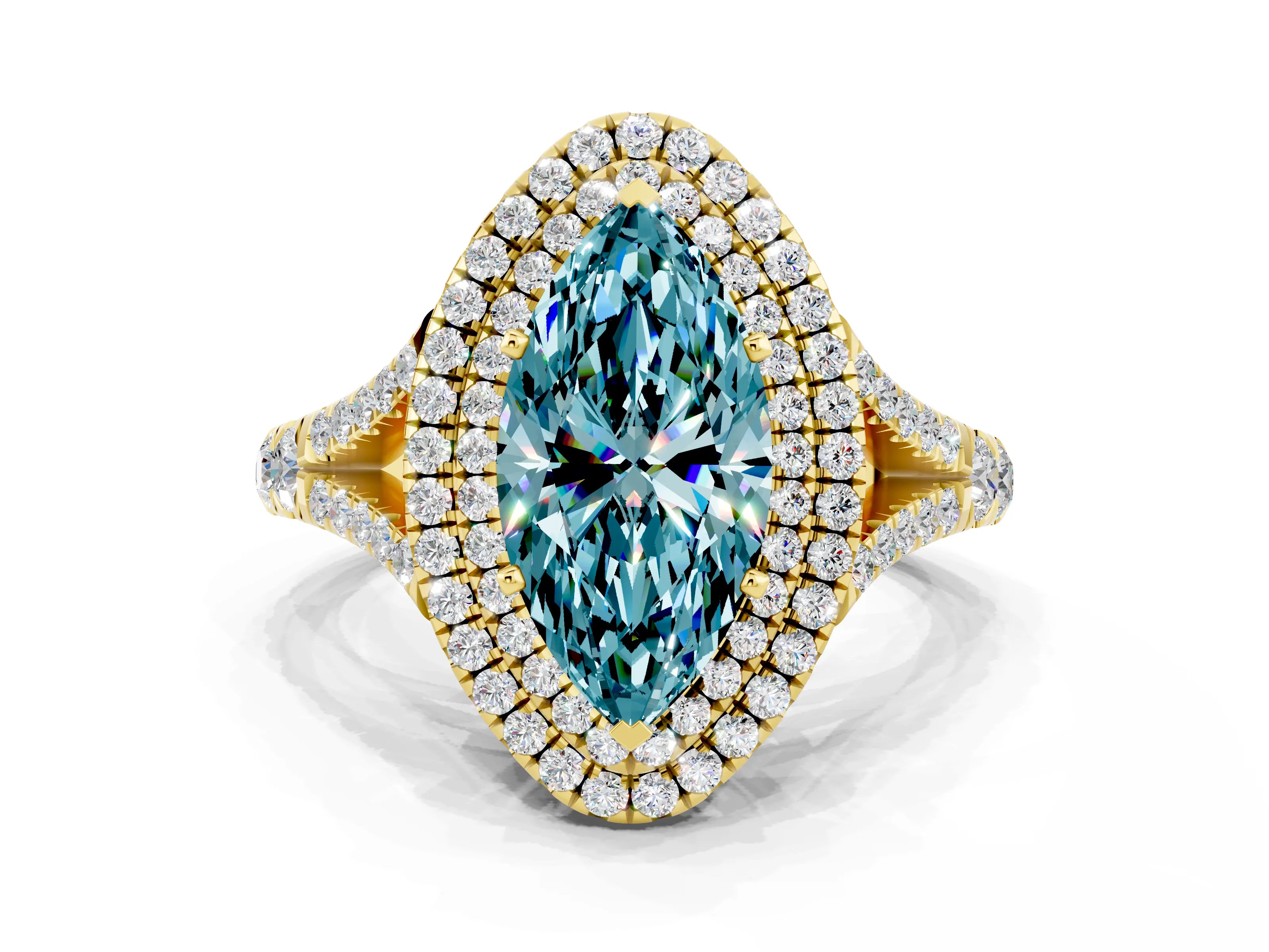 Yellow gold Double Halo Marquise Cut Blue Topaz Pavé Split Shank Ring with Prong Setting
